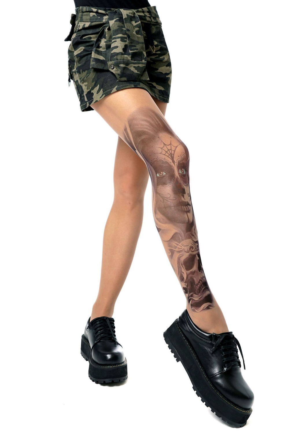 Колготки с принтом в виде девушки с макияжем калавера (Размер: S-M-L) (Цвет: бежевый)