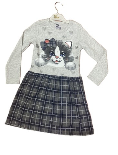 Платье серое с принтом котенок турецкое из хлопка на рост 116 см