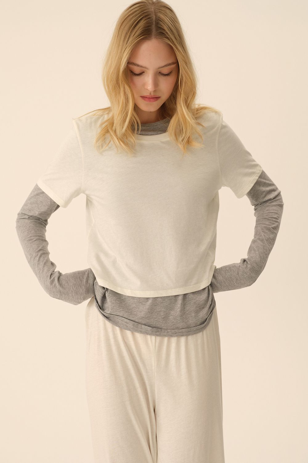 Лонгслив с футболкой (Ballet princess), серый с молочным