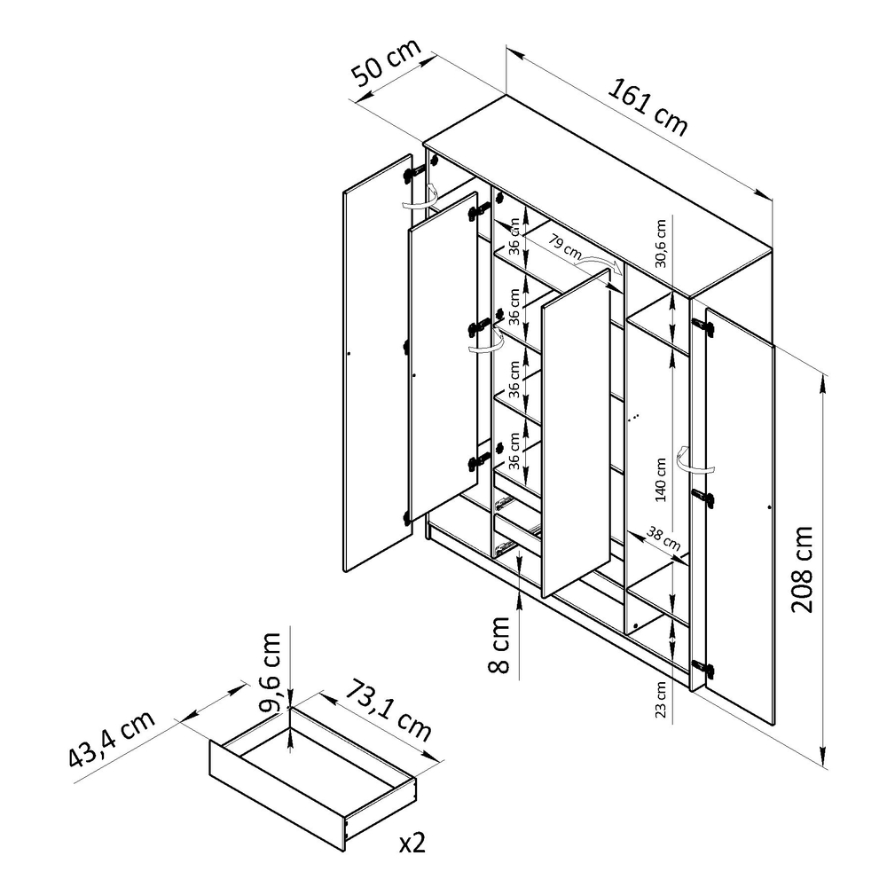 Шкаф 161х50х208 Марм, распашной, 4 двери 2 ящика, белый, со штангой и полками, Dipriz