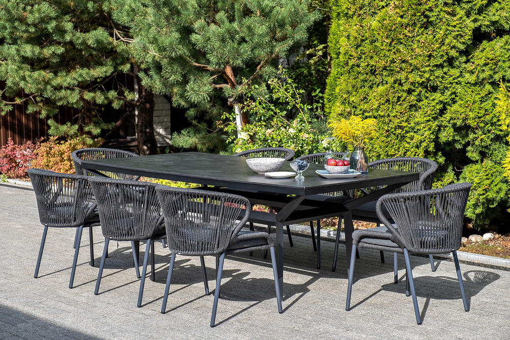 "Милан" стул плетеный из роупа, каркас алюминий темно-серый (RAL7024) муар, роуп темно-серый круглый, ткань темно-серая 027