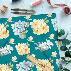 Ткань шифон пастельные полевые цветы на зелёном фоне