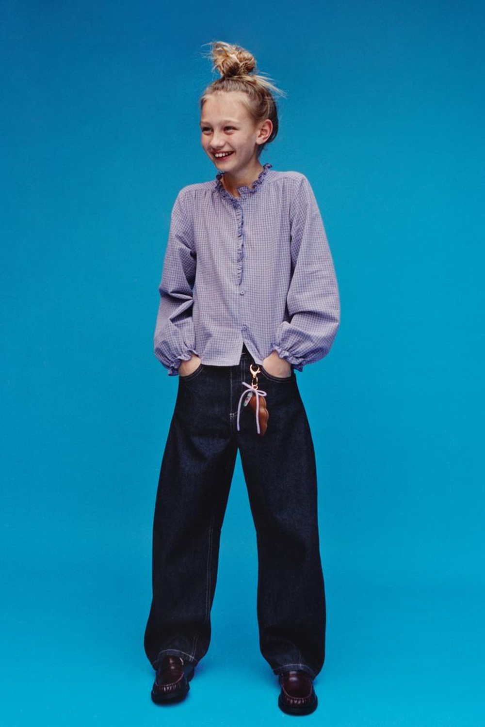 ZARA РУБАШКА В КЛЕТКУ С ВОЛАНАМИ, СИНИЙ