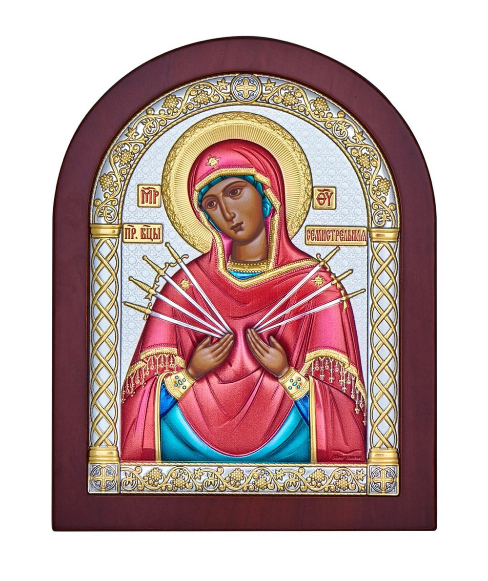 Семистрельная БМ, икона арочная, красное дерево, эмаль 105х140