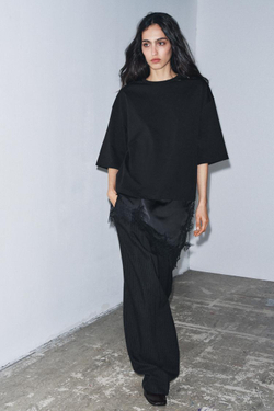 ZARA КОМБИНИРОВАННАЯ ФУТБОЛКА С КРУЖЕВОМ, ЧЕРНЫЙ