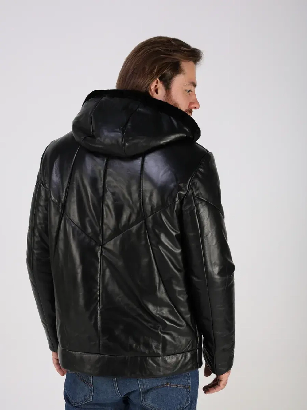 Куртка зимняя кожаная с капюшоном пуховик