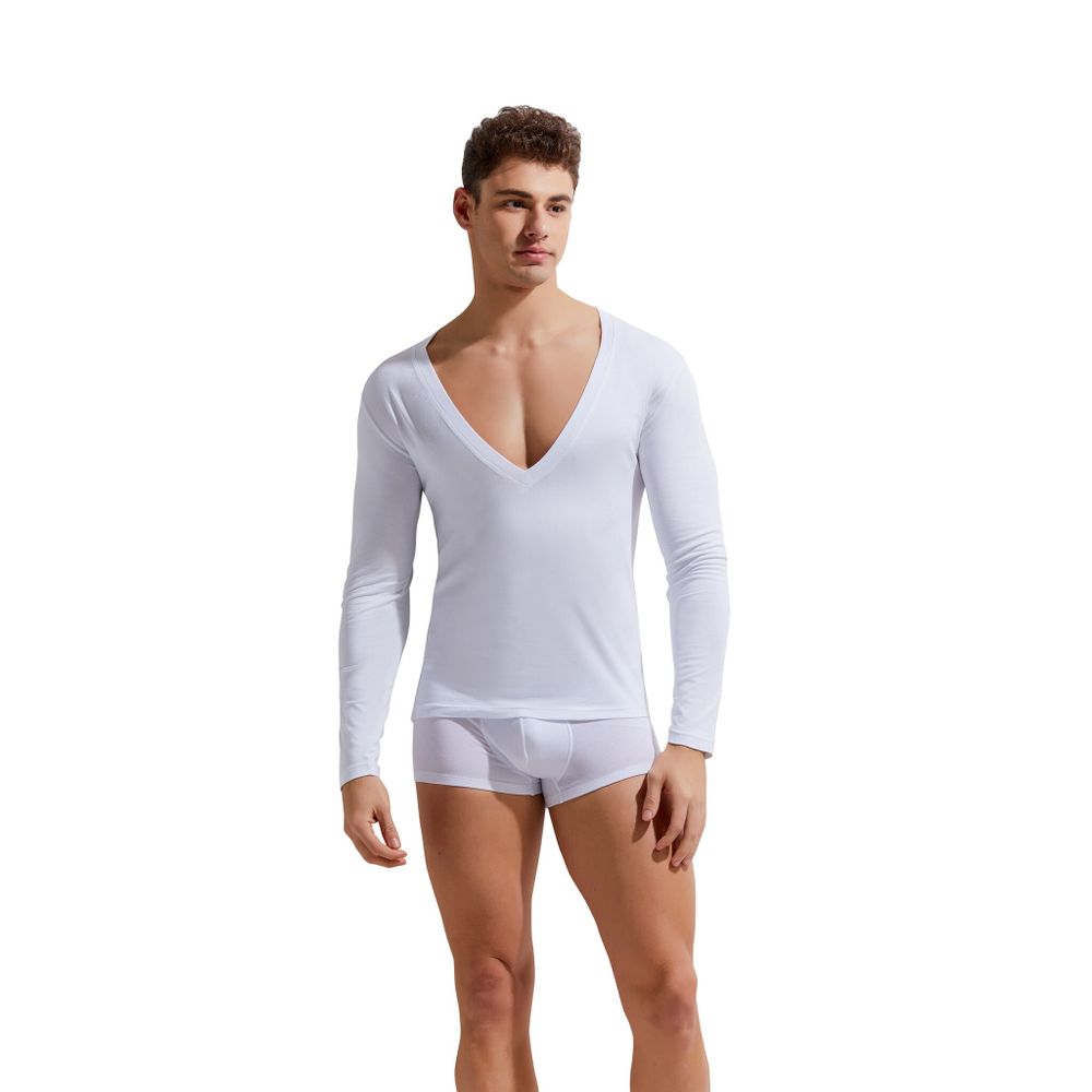 Мужской лонгслив белый с глубоким V-вырезом GAUVINE 5004