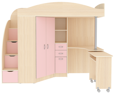 Кровать-чердак КарИВи Юниор 4  Дуб Молочный Розовый