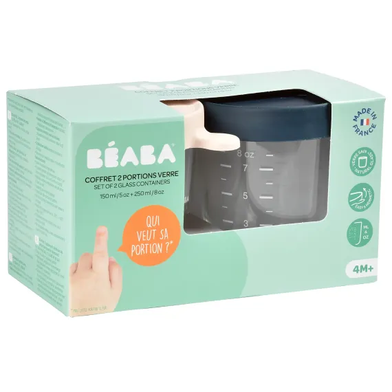 Набор из 2 стеклянных контейнеров Beaba Set of 2 glass portion jars 150 ml Pink / 250 ml Dark Blue