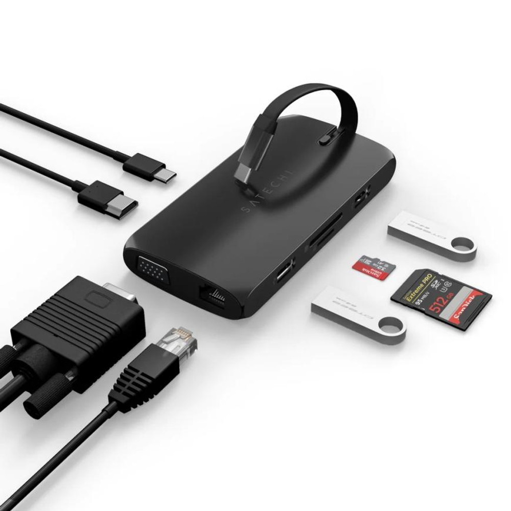 USB-Хаб Satechi On-the-Go (USB-C) (ST-UCMBA) Подключение: съёмный кабель USB-C. Порты: USB-C (PD 100 Вт), USB-C, 2 USB-A 3.2 Gen 1, microSD, SD, HDMI (до 4K 60 Гц), Gigabit Ethernet, VGA