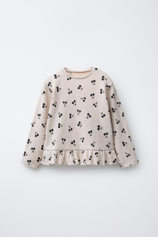 ZARA ФУТБОЛКА С ПРИНТОМ И ОБОРКОЙ ИЗ МЯГКОЙ ТКАНИ, ПЕСОЧНЫЙ МЕЛАНЖ
