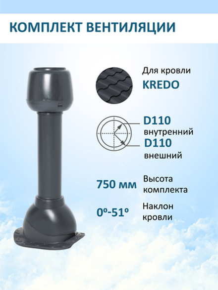 Комплект вентиляции: Вентиляционный выход D110 не утепленный высота H=500 мм, проходной элемент Kredo, колпак вентиляционный D110, серый