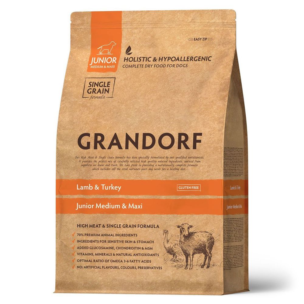 Уценка! Срок 22.08.26/ Сухой корм Grandorf DOG Lamb&Turkey JUNIOR для юниоров всех пород, ягнёнок с индейкой