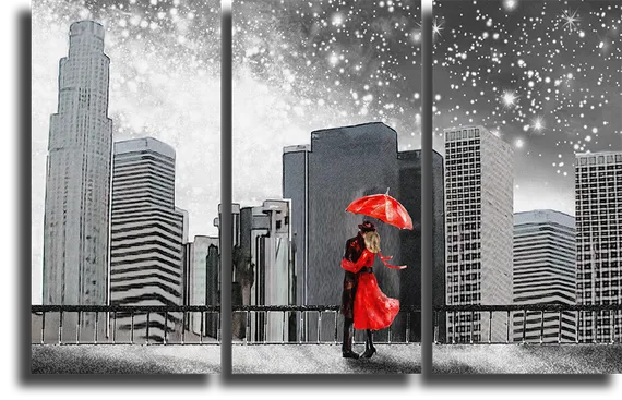 Модульная картина "Городской пейзаж и красный зонт"
