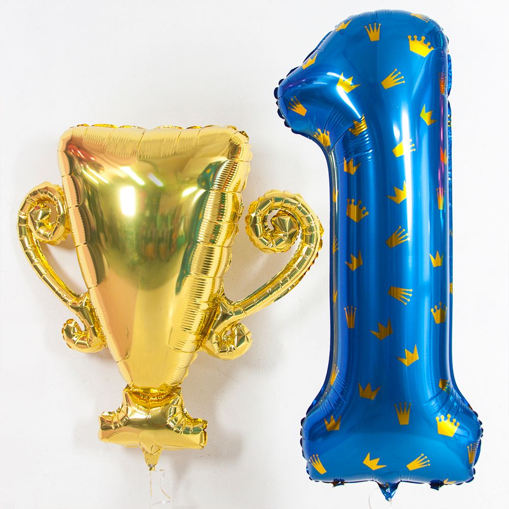 Шар (34''/86 см) Цифра, 1 Золотые короны, Голубой, 1 шт. в уп.