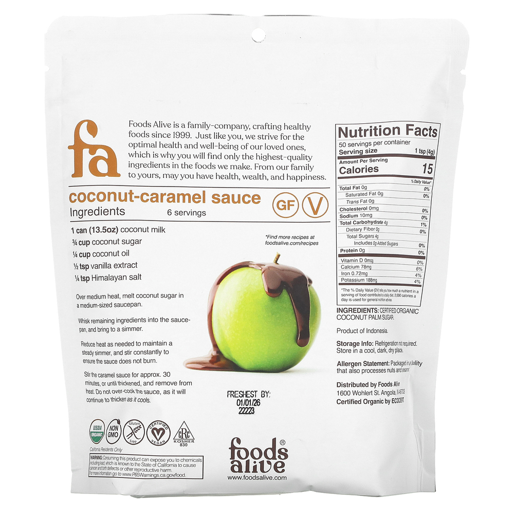 Foods Alive, суперфуд, органический кокосовый сахар, 395 г (14 унций)