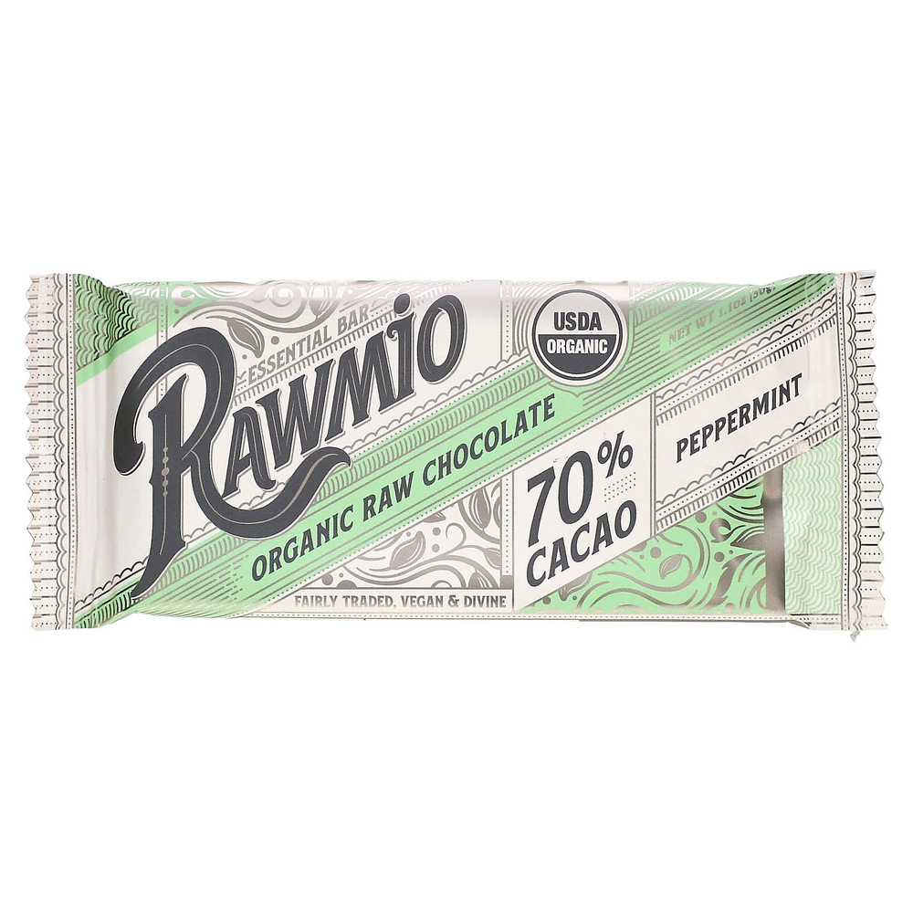 Rawmio, Essential Bar, органический необработанный шоколад, 70% какао, перечная мята, 30 г (1,1 унции)