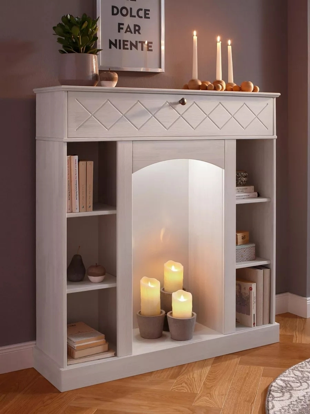 Камин-стеллаж Абау 1 ящик с подсветкой, белый