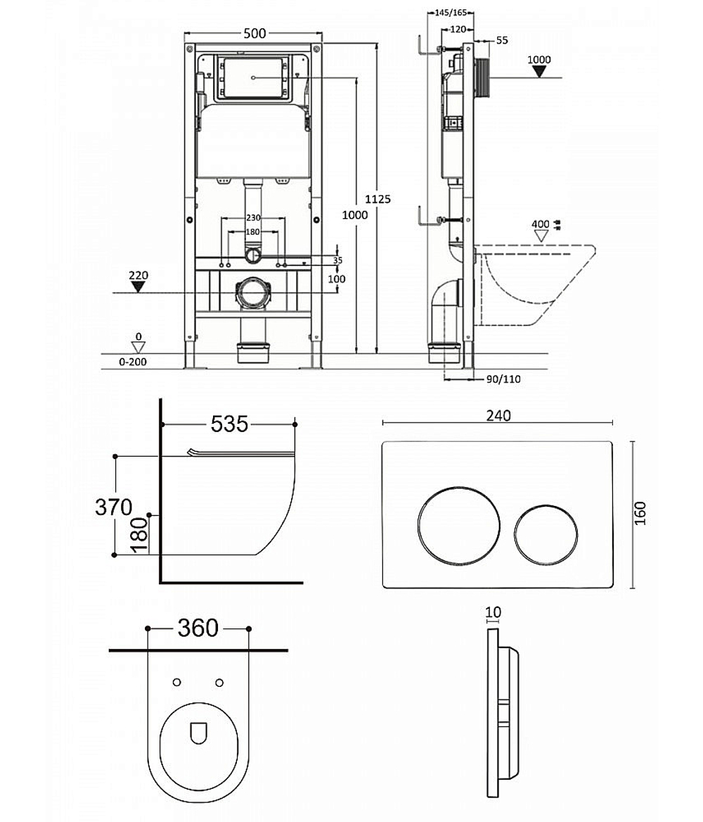 Унита з подвесной Agger ATI09150L+APB288 безободковый, с инсталляцией, смыв торнадо, с крышкой микролифт, белый глянцевый/кнопка белая глянцевая