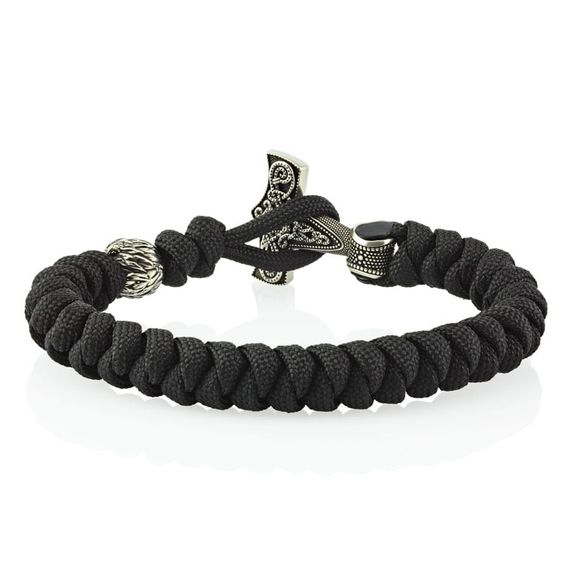 Браслет из чёрного паракорда с молотом Тора Мьёльнир и медведем из мельхиора, фото 2