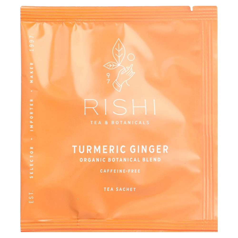 Rishi Tea, органическая растительная смесь, куркума и имбирь, без кофеина, 15 пакетиков, 45 г (1,58 унции)