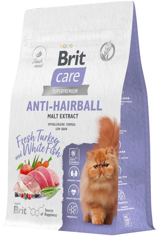 Brit Care 1,5кг Superpremium Anti-Hairball Turkey &amp; White Fish Корм для кошек низкозерновой, вывод шерсти, c индейкой и белой рыбой