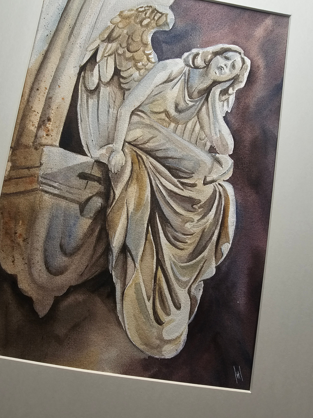 Картина авторская акварельная в паспарту 30х40 см на стену для интерьера "Ангел ночи"