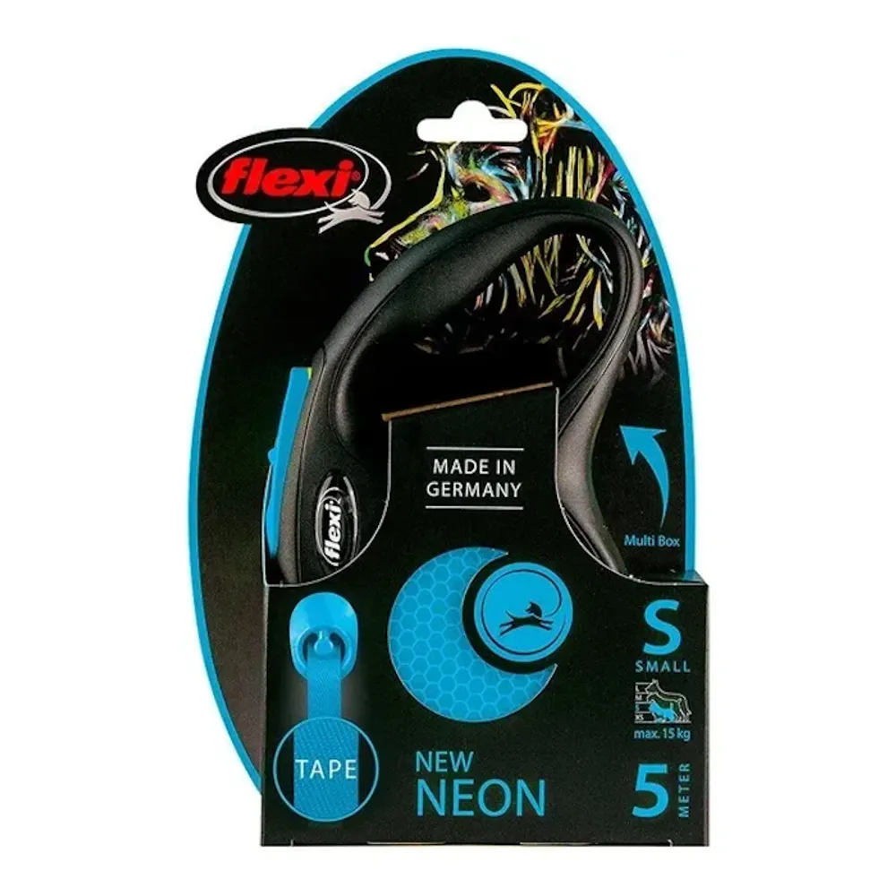 Рулетка Flexi Neon New S (до 15 кг) лента 5 м, светоотражающая, голубой неон