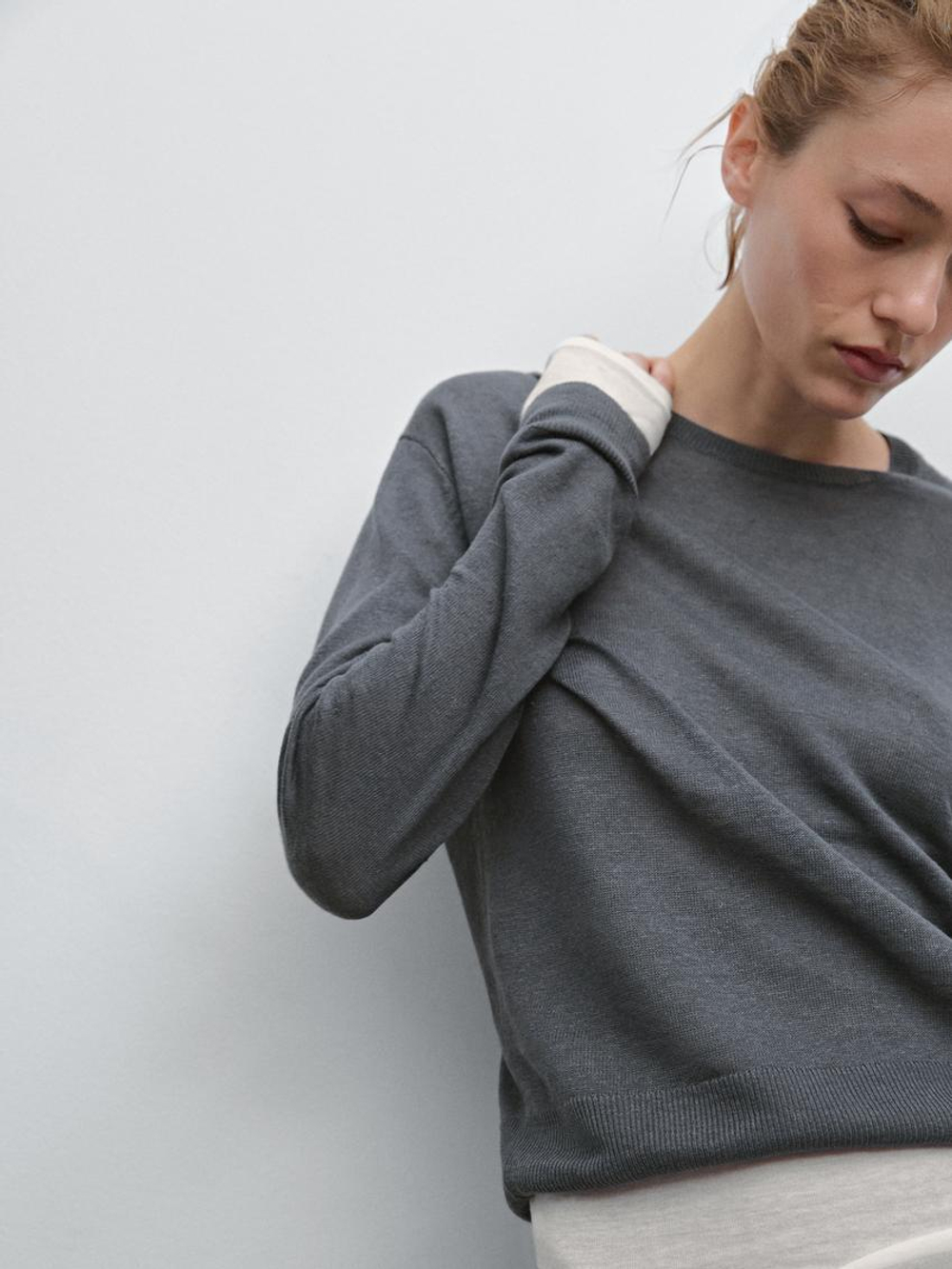 Massimo Dutti Свитер из тонкой 100% льняной ткани, свинцовый