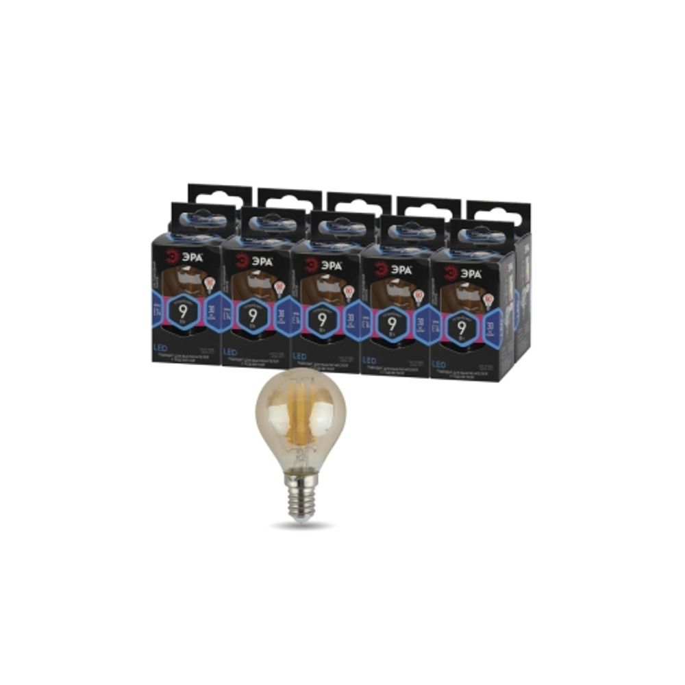 Лампа светодиодная ЭРА F-LED P45-9W-840-E14 gold 9Вт филамент шар золотистый нейтральный белый свет Е14 | Филаментные декоративные
