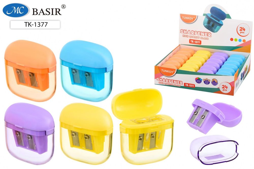 Точилка 4,5*5см. двойная с контейнером, с откидной крышкой, пластиковая, ассорти (Basir)