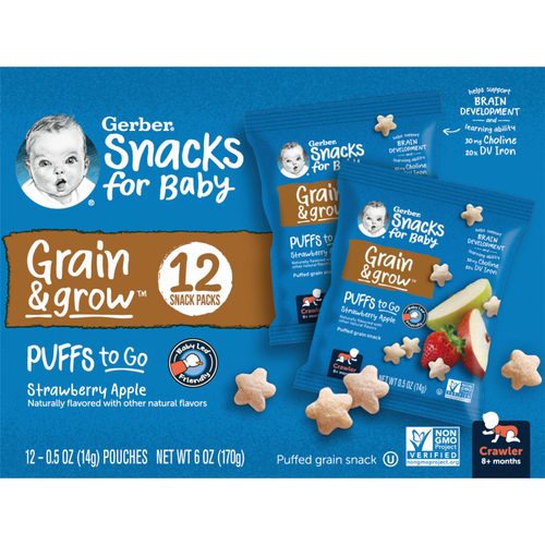 Gerber, Snacks for Baby, Grain & Grow, Puffs to Go, злаковый снек, для детей от 8 месяцев, клубника и яблоко, 12 порционных упаковок по 14 г (0,5 унции)