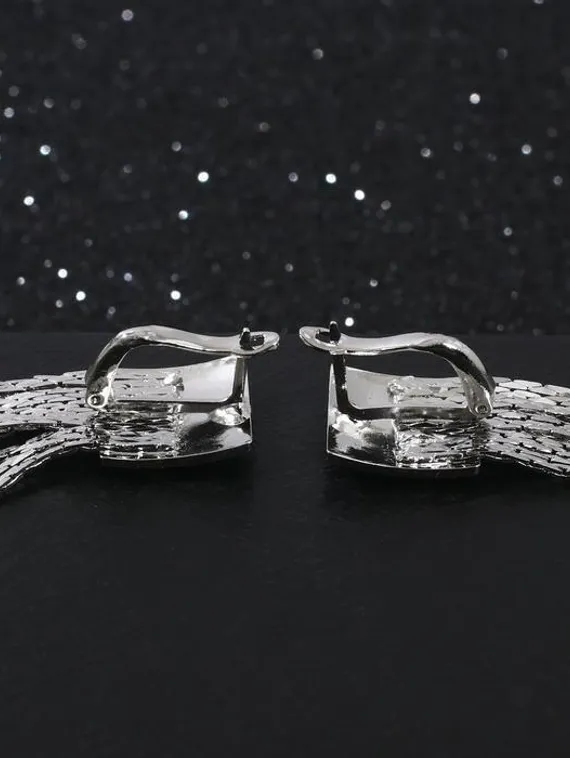 Серьги висячие "Голливуд" квадрат и нити, цвет серебро