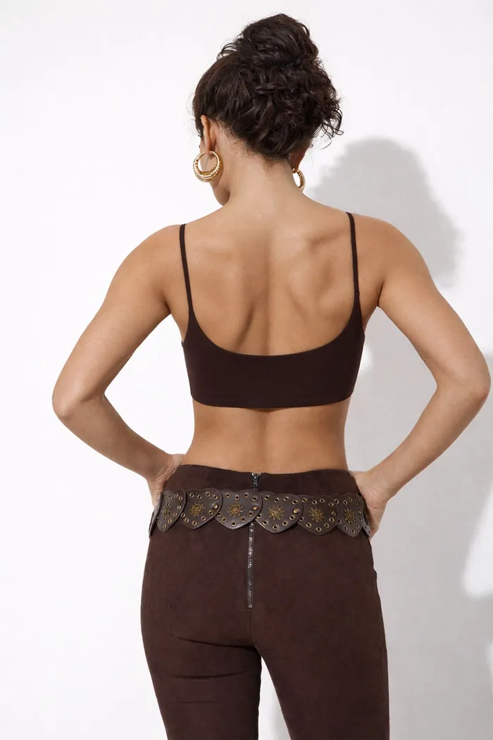 Кроп топ на бретелях из хлопка шоколадного цвета