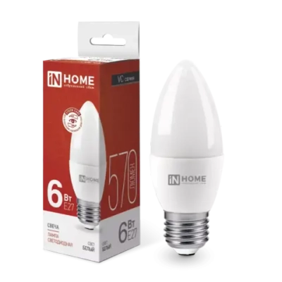Лампа светодиодная LED-СВЕЧА-VC 6Вт 230В Е27 4000К БЕЛЫЙ 570Лм IN HOME