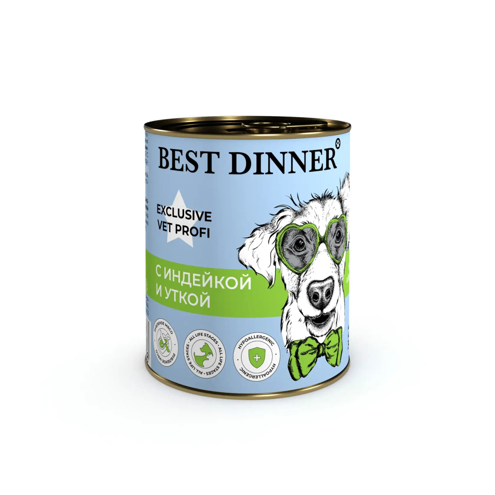 BEST DINNER (Бест Динер) Exclusive Vet Profi Консервы для собак для профилактики пищевой аллергии Hypoallergenic, С индейкой и уткой, 340 г