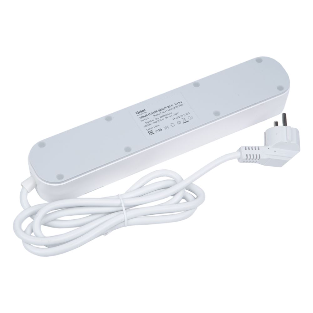 P-GCL4-1.8 A201-UC-WF WHITE Умный сетевой фильтр Wi-Fi. 1.8м Пвс 3х1.5. 4 гнезда. с-з. 2USB+Type-C 5В. 3A. 16A. До 3680Вт. Голосовое управление+приложение UnielSmart. TM Uniel