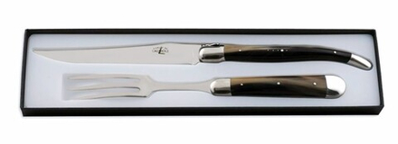 Carving set, big size (fork+knife), 2 stainless steel bolsters, shiny finish, light broun horn tip h