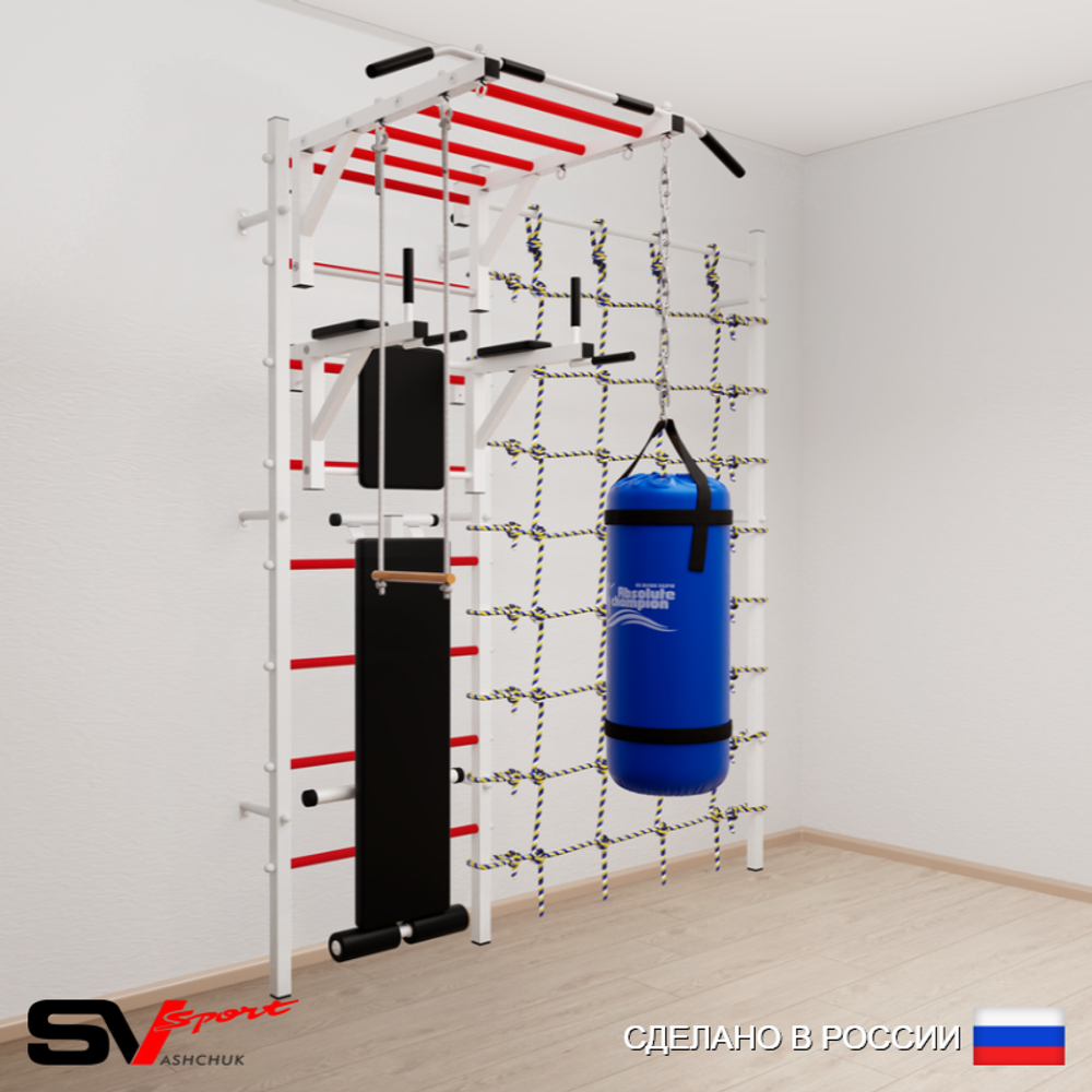 Шведская стенка Sv Sport усиленная 65320 (Турник рукоход/Брусья/Скамья/Трапеция/Цепь/Мешок 22кг/Канатный лаз)
