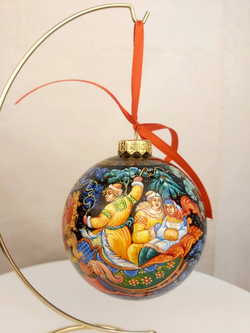 Шар новогодний с круговой росписью Палех"Зимняя тройка" в коробке