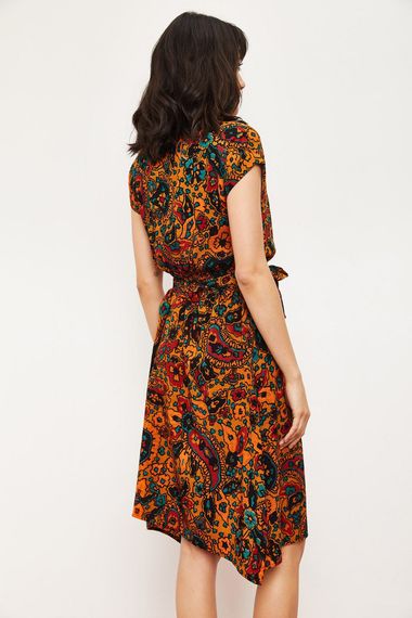 Qadın üçün xardal rəng Qısa Qollu Etnik Naxışlı Elastik Bel Midi Don 10041008