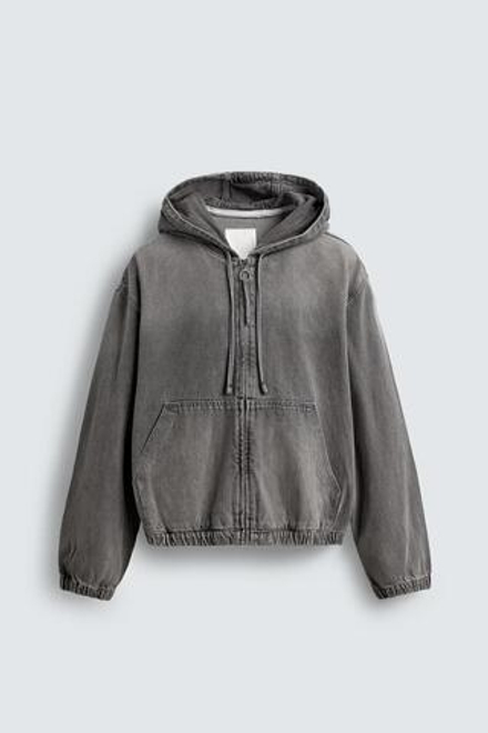 ZARA КУРТКА ИЗ ТКАНИ С ЭФФЕКТОМ ПОТЕРТОСТИ С КАПЮШОНОМ, СЕРЫЙ