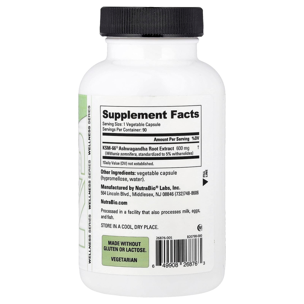 NutraBio, Ашваганда KSM-66, 600 мг, 90 растительных капсул
