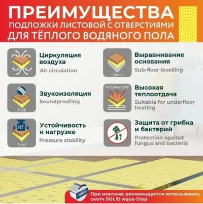 Подложка листовая, 2мм, с отверстиями для теплого пола под ламинат/паркет, 1х0,5м в уп.10м2