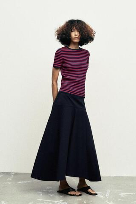 ZARA ТРИКОТАЖНЫЙ ТОП В ПОЛОСКУ С КОРОТКИМИ РУКАВАМИ, КРАСНЫЙ/ТЕМНО-СИНИЙ