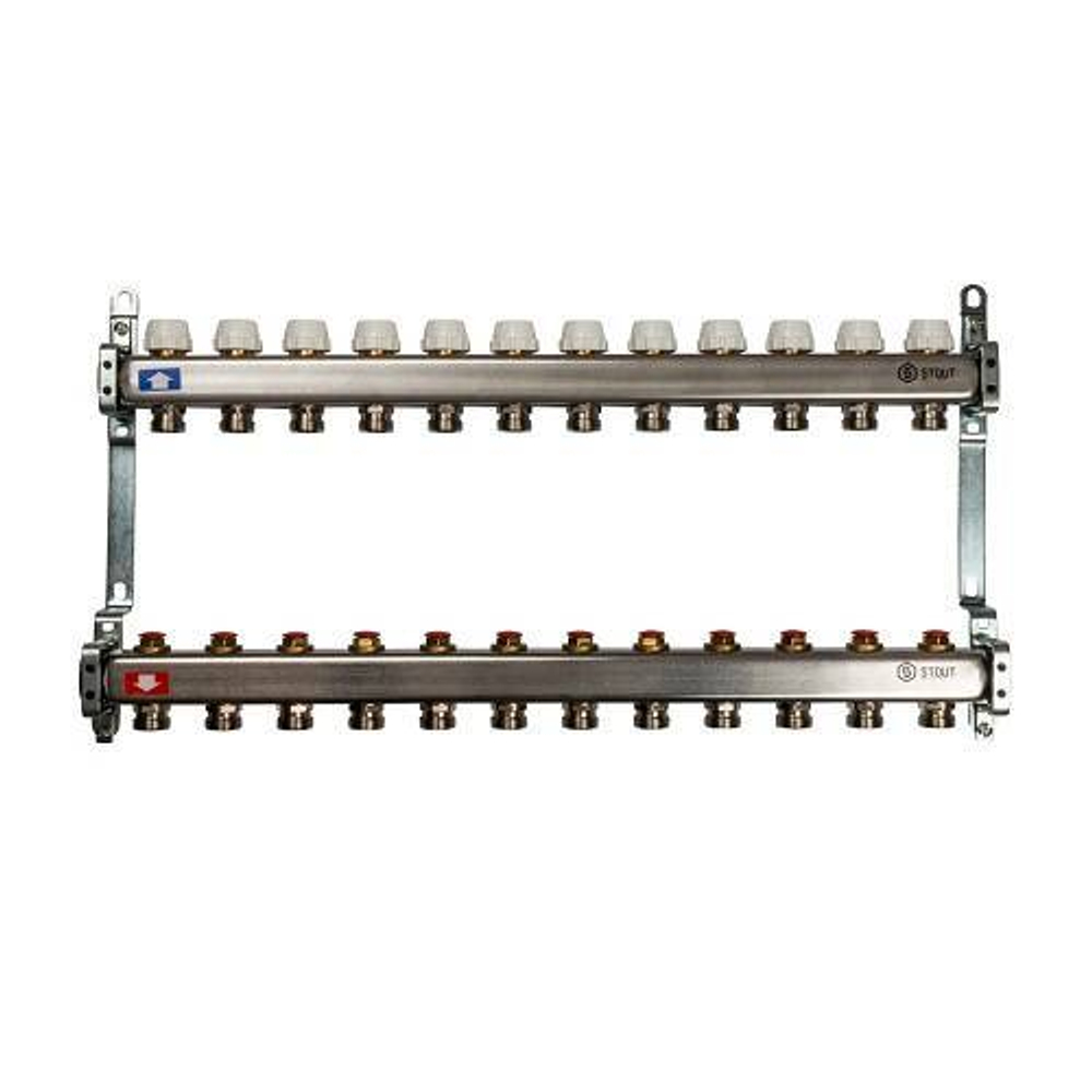 Коллекторная группа для радиаторного отопления STOUT SMS0922 - 1" на 12 контуров 3/4"EK (нерж.сталь)