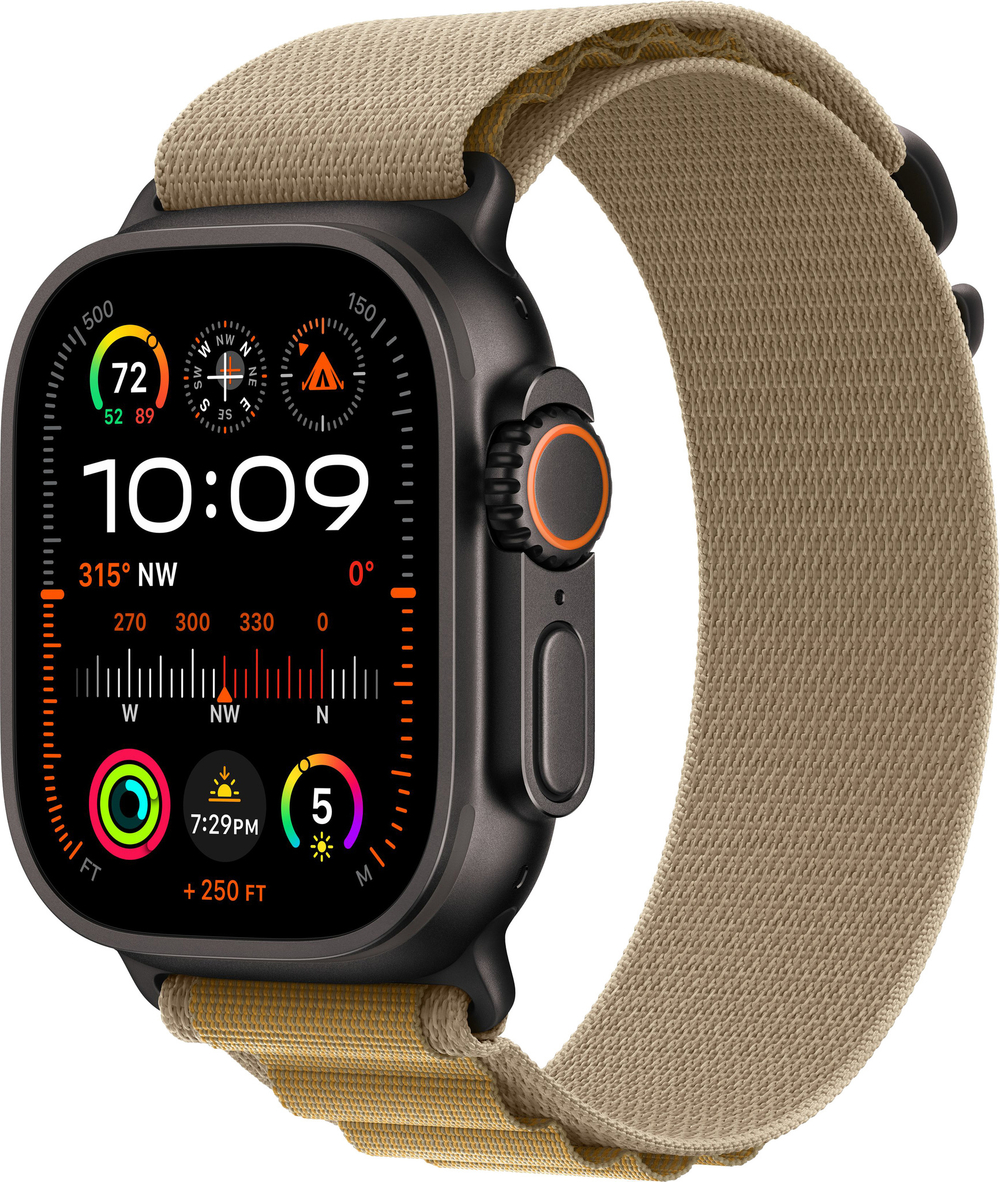 Часы Apple Watch Ultra 2, 49 мм, чёрный титан, ремешок Alpine коричневого цвета