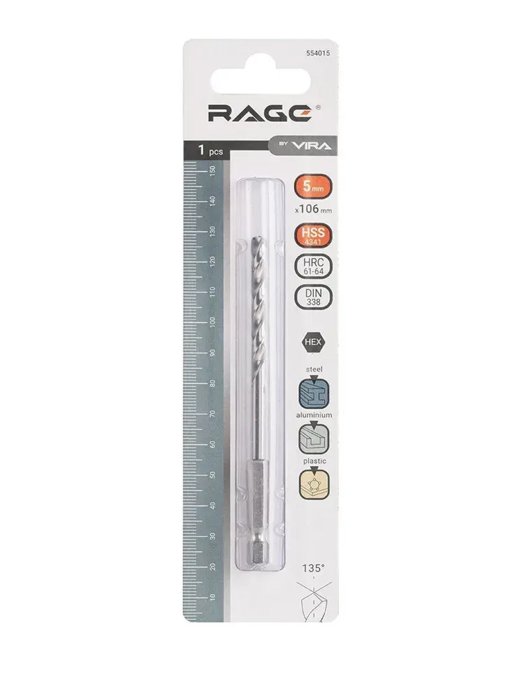 Сверло по металлу с шестигранным хвостовиком 5 мм RAGE by VIRA