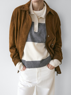 Massimo Dutti Свитер из трикотажа в полоску с воротником поло, натуральный/кремовый