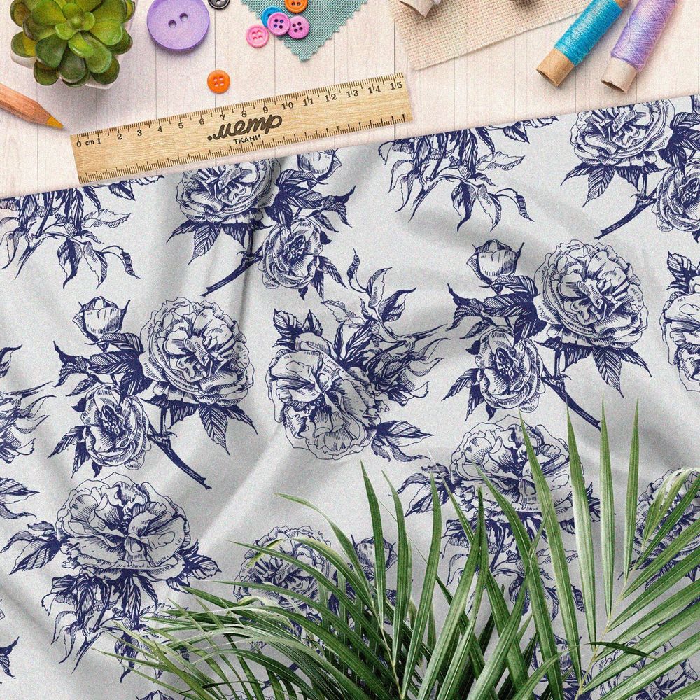 Ткань мембрана синие контуры цветов
